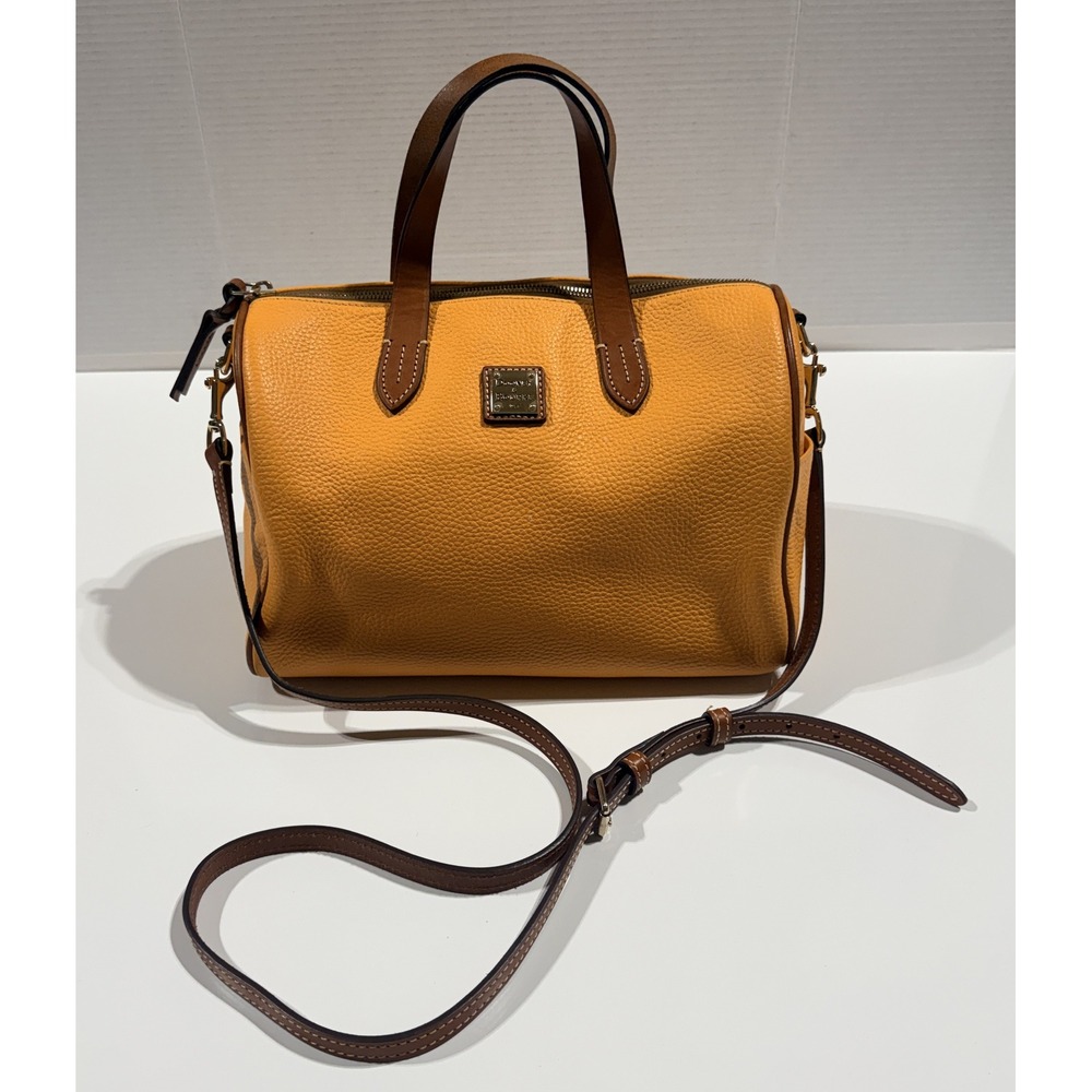 Dooney & Bourke Orange Pebbled Leather Satchel Crossbody Bag Brown Trim